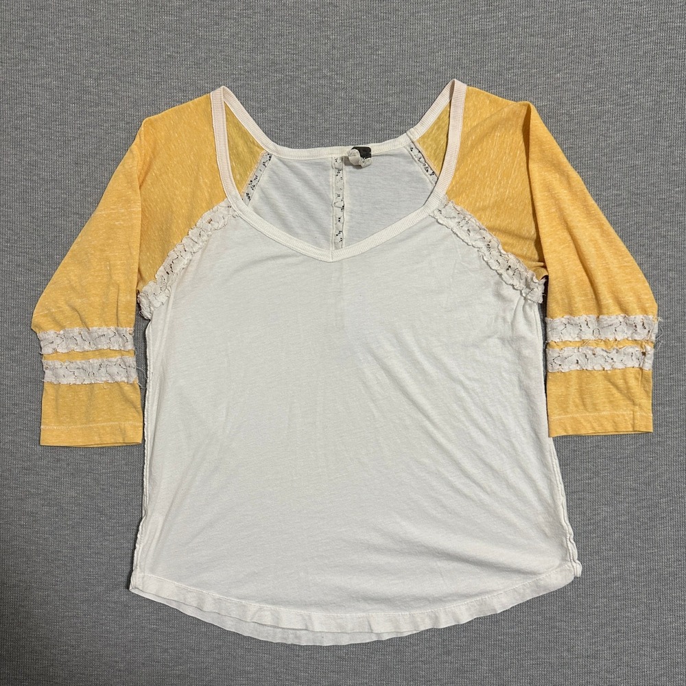 We The Free Free People Women Yellow White Lace Trim Raglan Baseball Tee Size L